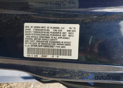 2016 Honda Odyssey Touring/Touring Elite from USA, damaged, VIN 5FNRL5H91GB023667